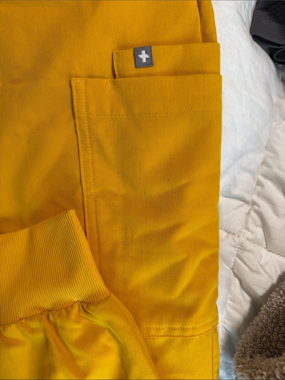 Women’s Figs Mustard Yellow Cargo Joggers with Maroon Drawstring - Picture 2 of 8